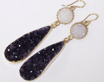 Dramatic Amethyst Teardrop Statement Gemstone Earrings Titanium Druzy Jewelry Raw Stone Earring Amethyst Crystal Drusy AM-E-105-PS/Blk