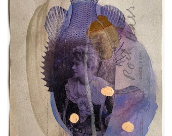 Rockbass. Eine zarte Komposition auf Papier, mit einer Vintage-Illustration des Rockbass und einem Porträt auf handbemaltem Recycling-Papier.