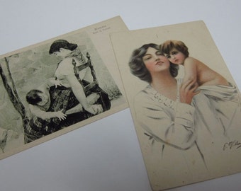 Pair of vintage postcards of Mamma and child (Italian)