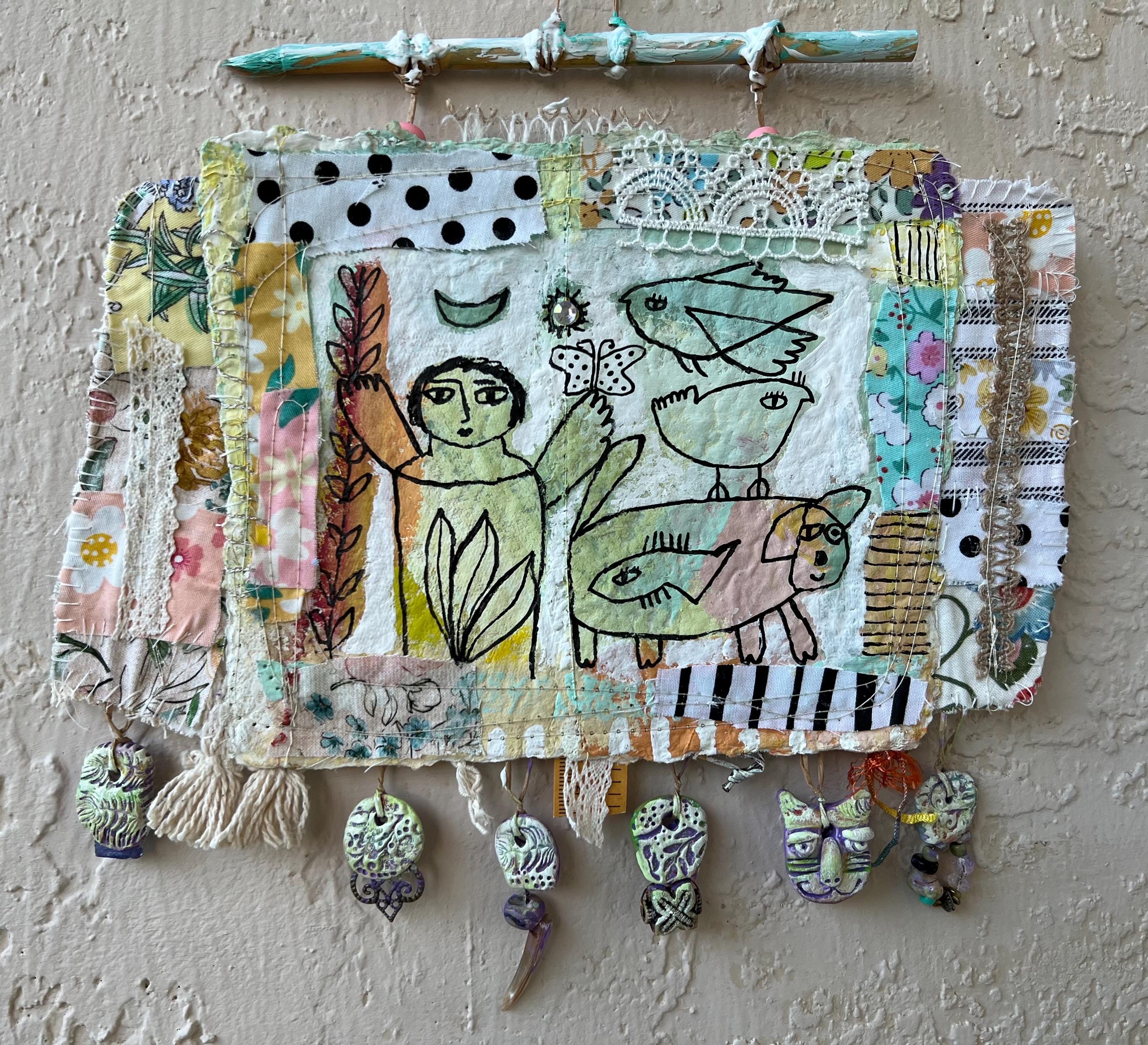 The Smiling Moon and Venus - handmade paper and fabric wall art.