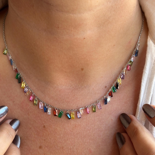 14k Gold Multicolor Baguette Dangle Necklace, Colorful Gemstone Chain Necklace, Rainbow Choker, Dainty Layered Jewelry Gift for Her