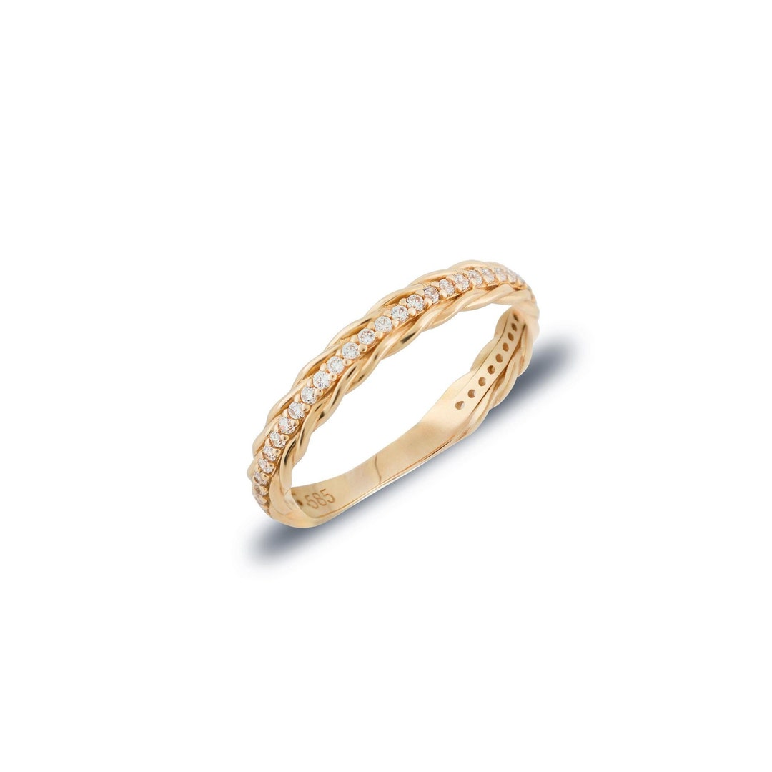 14k Solid Gold Diamond Wedding Band Ring, Twist Half Eternity Ring ...