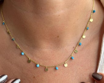 14k Gold Turquoise Disc Necklace – Dainty Layered Beaded Chain Necklace – Minimalist Gold Coin Necklace – Gift for Her