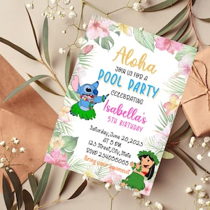 Stitch Pool Aloha Ohana Invitation d’anniversaire | Invitation à la fête du toboggan aquatique Stitch Angel | Invitation Stitch Lilo Tropical Hawaï