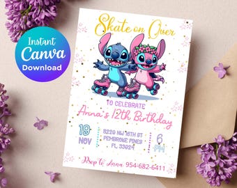 Stitch Roller Skating Birthday Party Invitation | Stitch Lilo Pastel Skate Party Invitation |  Angel Invitation Download Skate Lights