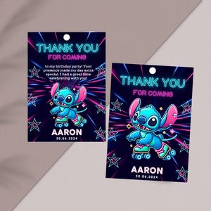 Etiqueta de aniversário do Stitch Lilo, etiqueta de agradecimento do anjo do ponto de patinação neon, modelo editável do Canva de patinação, etiqueta de agradecimento