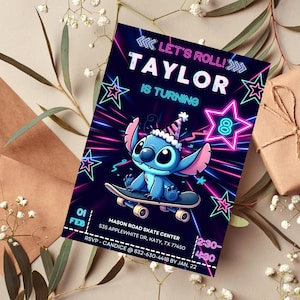 Invitation à la fête d'anniversaire de patinage à roulettes Stitch | Stitch Lilo Neon Skater Party Invitation | Invitation Ykateboard Glitter Angel Télécharger