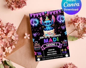 May include: A black birthday invitation featuring Stitch from Lilo & Stitch, with neon accents. The invitation reads "Join us to celebrate Madi turning 7" and includes event details. A Canva download is available.
