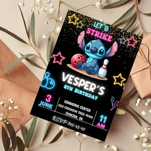 Invito di compleanno al bowling Stitch | Invito alla festa del gioco Stitch Neon | Scarica l'invito per bambini con glitter | DIGITALE Modificabile