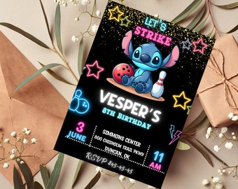 Stitch Bowling Birthday Invitation | Stitch Neon Game Party Invitation | Glitter Kid Invitation Download | DIGITAL Editable