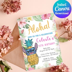 Invitation d’anniversaire Stitch Aloha | Invitation à la fête tropicale Stitch Lilo | Invitation pour enfants Télécharger | Invitation imprimable DIGITAL Ohana