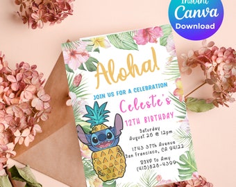 Stitch Aloha Birthday Invitation | Stitch Lilo Tropical Party Invitation | Kid Invitation Download | DIGITAL Ohana Printable Invite