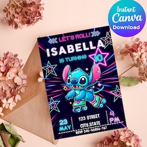 Stitch Roller Skating Birthday Party Invitation | Stitch Lilo Neon Skate Party Invitation | Glitter Angel Invitation Download Neon Lights
