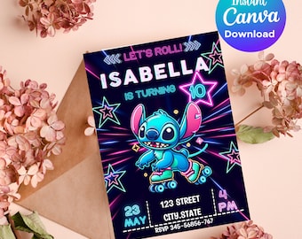 Stitch Roller Skating Birthday Party Invitation | Stitch Lilo Neon Skate Party Invitation | Glitter Angel Invitation Download Neon Lights