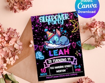 Stitch Sleepover Birthday Invitation | Stitch Slumber Neon Party Invitation | Glitter Angel Invitation Download | DIGITAL Editable