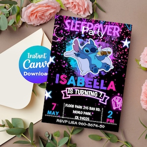 Stitch Sleepover Birthday Invitation | Stitch Neon Slumber Party Invitation | Glitter Kid Invitation Download | DIGITAL Editable