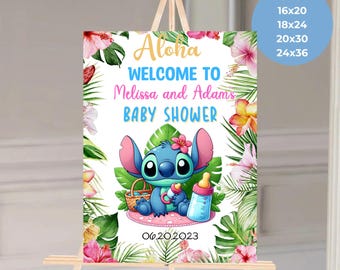 スティッチ アロハ トロピカル ベビー シャワー ウェルカム サイン、スティッチ リロ オハナ ハワイ ベビー シャワー デコレーション、スティッチ エンジェル 性別発表サイン、スティッチ エンジェル パーティー