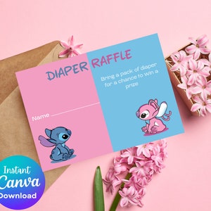 Boletos para la rifa de pañales azules de Stitch Baby Shower Boletos para revelación de género | Revelación de género de Stitch y Angel | Ducha Stitch y Angel Rosa Azul