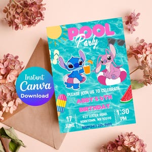 Stitch Lilo Pool Birthday Invitation | Stitch Waterslide Party Invitation | Stitch Angel Pool Invitation Download | DIGITAL Printable