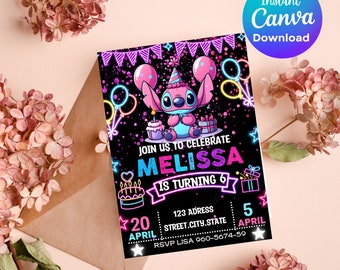 May include: A birthday invitation featuring a cartoon Stitch character with pink and blue accents. The invitation has a neon pink and blue design with confetti and the text "Join us to celebrate Melissa is turning 6".