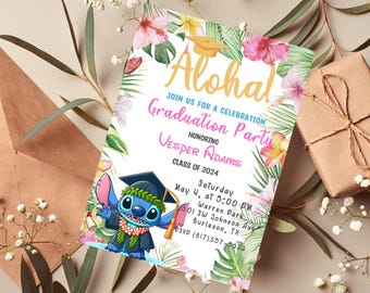 Stitch Aloha Ohana Tropical Graduation Party Invitation | Stitch kindergarten and school Hawaii Party Invitation | Lilo Angel Invitation