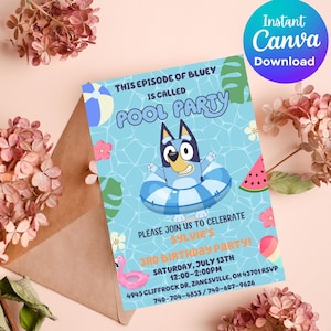 Blauwe hond uitnodiging zwembad sjabloon, bewerkbare Puppy blauwe Evite, verjaardag digitale waterglijbaan uitnodigen, Bday Party uitnodigingen, Canva Instant