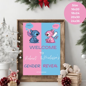 Signo de bienvenida del baby shower azul rosa de Stitch, decoración minimalista del baby shower de Stitch Lilo, signo de revelación de género de Stitch Angel, fiesta de Stitch Angel
