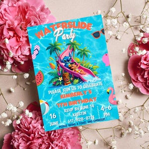 Invito di compleanno tropicale con Stitch Lilo Pool | Invito per festa con scivolo d'acqua Stitch Angel alle Hawaii | Scarica l'invito con Stitch Lilo Pool