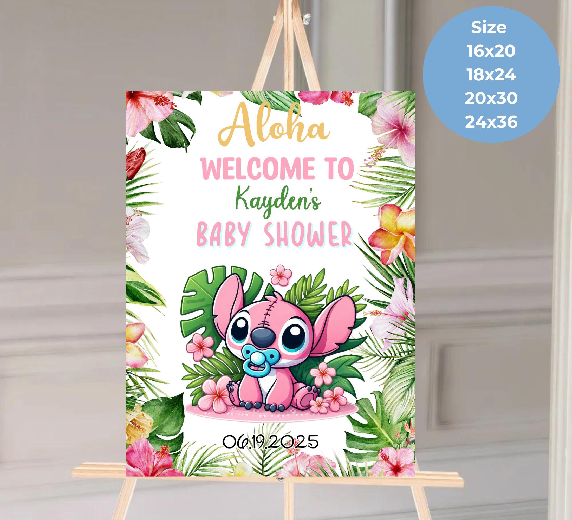Stitch Pink Aloha Tropical Baby Shower Welcome Sign,Stitch Lilo Ohana Hawaii Baby Shower Decor,Stitch Angel Gender Reveal Sign,Stitch Angel