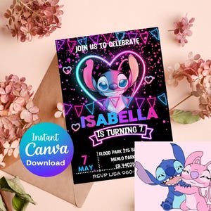 Stitch Neon Birthday Invitation | Stitch Angel Glow Party Invitation |Lilo Glitter Invitation Download | DIGITAL Editable Printable Invite