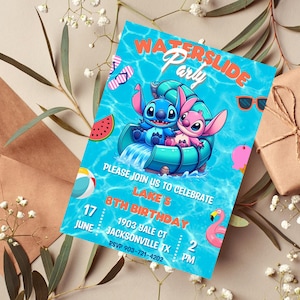 Stitch Lilo Pool Birthday Invitation | Stitch Angel Waterslide Party Invitation | Stitch Lilo Pool Invitation Download | DIGITAL