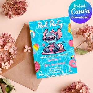 Inbjudan till Stitch Lilo Pool-födelsedag | Inbjudan till Stitch Angels rosa vattenrutschkanafest | Ladda ner Stitch Lilo sommarinbjudan för barn |