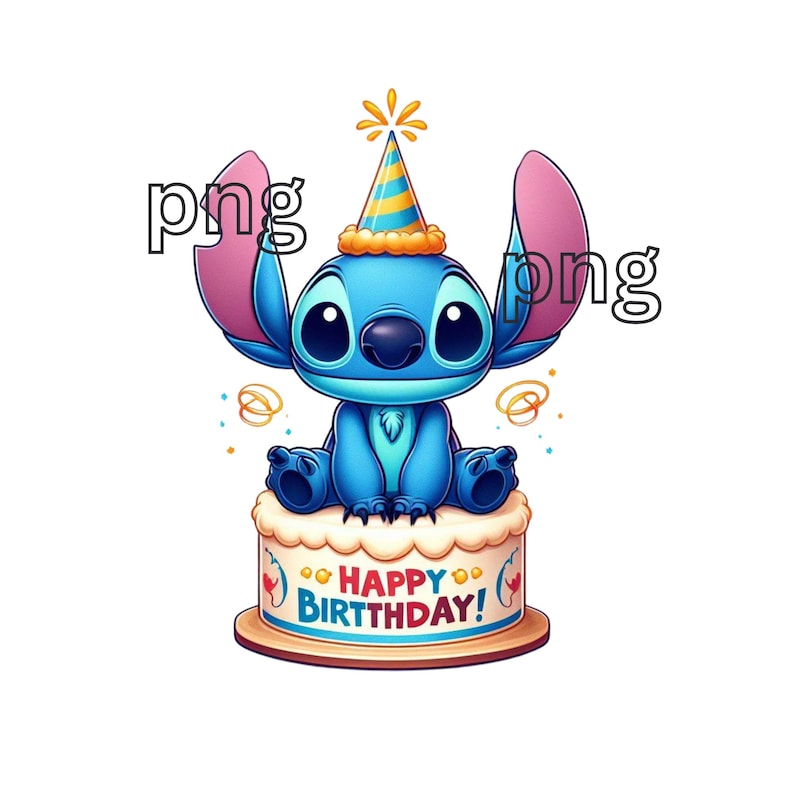 May include: A cartoon illustration of a blue alien character wearing a party hat, sitting atop a birthday cake. The cake has the words "HAPPY BIRTHDAY!" written on it. The character has large eyes and ears, with a playful expression.
