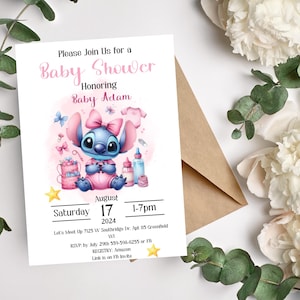 Stitch Pink Moon Aquarell Baby Shower Einladung, Digitale und druckbare Einladung, Lilo und Stitch Baby Shower Instant Download Gender Reveal