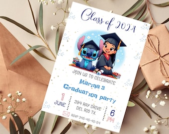 Stitch Graduation Party Invitation | Stitch kindergarten and school Party Invitation | Lilo Angel Invitation Download