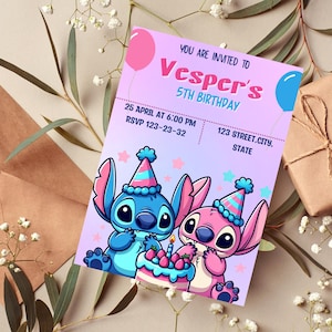 Stitch Pink Birthday Invitation | Stitch Lilo Watercolor Party Invitation | Stitch Angel Kid Invitation Download | DIGITAL Printable