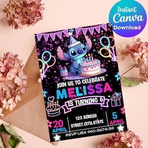 Steek verjaardagsuitnodiging | Steek Neon Party uitnodiging | Glitter Kid uitnodiging downloaden | DIGITALE bewerkbare afdrukbare uitnodiging