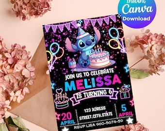 Stitch Birthday Invitation | Stitch Neon Party Invitation | Glitter Kid Invitation Download | DIGITAL Editable Printable Invite