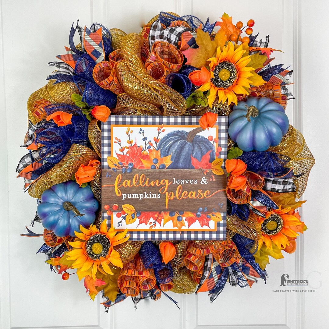 Falling Leaves and Pumpkins Wreath With Sunflowers, Blue Pumpkins, and ...