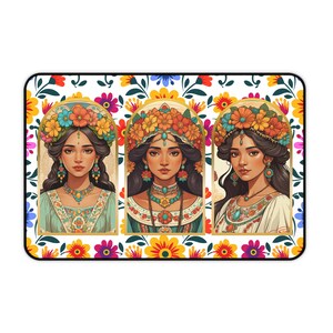 Mexican Beauties Mousepad – Floral Desk Mat with Latina Beauty Design, Boho Office Decor, Cultural Gift for Her, Vintage Style Workspace Mat