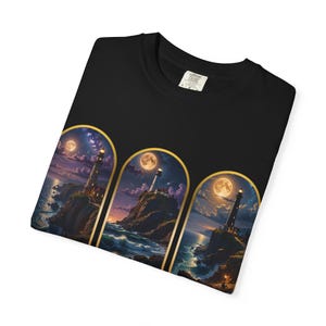 Moonlit Lighthouse Graphic Tee – Peaceful Ocean-Inspired Unisex T-Shirt, Nautical Aesthetic Shirt, Coastal Gift for Beach Lovers
