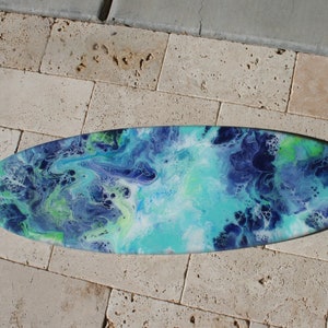 Resin surfboard wall art, ocean colors, fluid painting, beach house decor