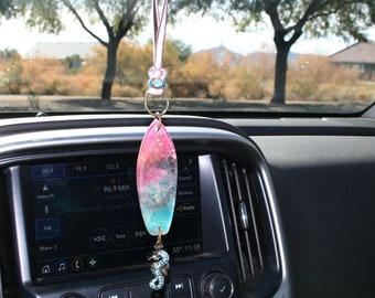 Surfboard car charm, Surf decor, rearview mirror, mini resin surfboard, purse charm, backpack accessory, surf jewelry, seahorse charm