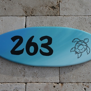 Custom painted surfboard address sign - beach house decor with sea turtle - housewarming gift