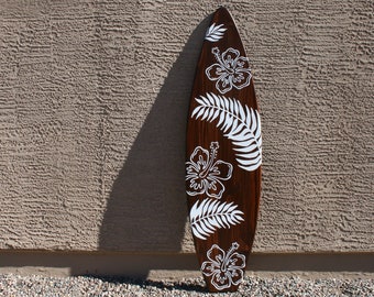 surfboard wall art hibiscus flowers Hawaii design - beach house decor