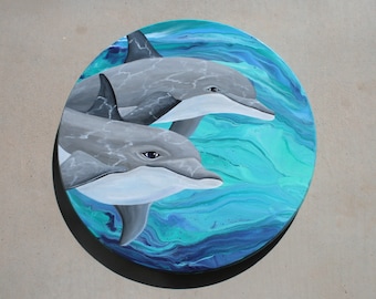 Dolphin painting on wood over fluid art - beach house decor
