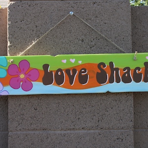 Love Shack sign on wood, groovy retro sign, beach house/pool decor, Welcome sign