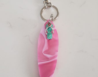 Pink surfboard keychain with flip flop charm mini surfboard