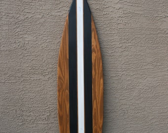 6 foot Wood surfboard wall art beach house decor -  Black and white striped modern style surfboard wall hanging