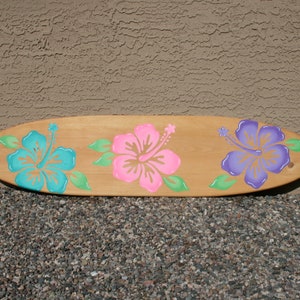 surfboard wall art, Hawaiian style beach house decor -  hibiscus flower art - coastal decor, surfboard wall hanging